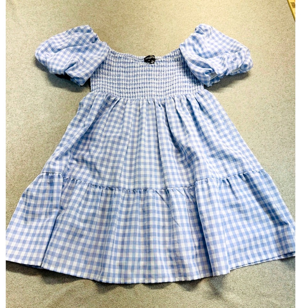 Midnight Doll Gingham‎ Mini Dress Womens Medium Blue Smocked Puff Sleeve Tiered